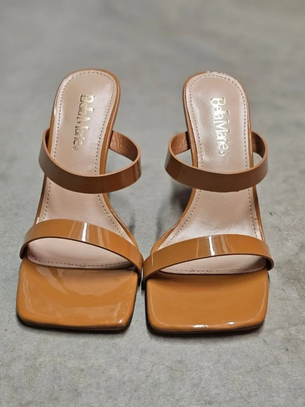Strap Stiletto Heels With Square Toe & Tan Patent Faux Leather Accents For Women